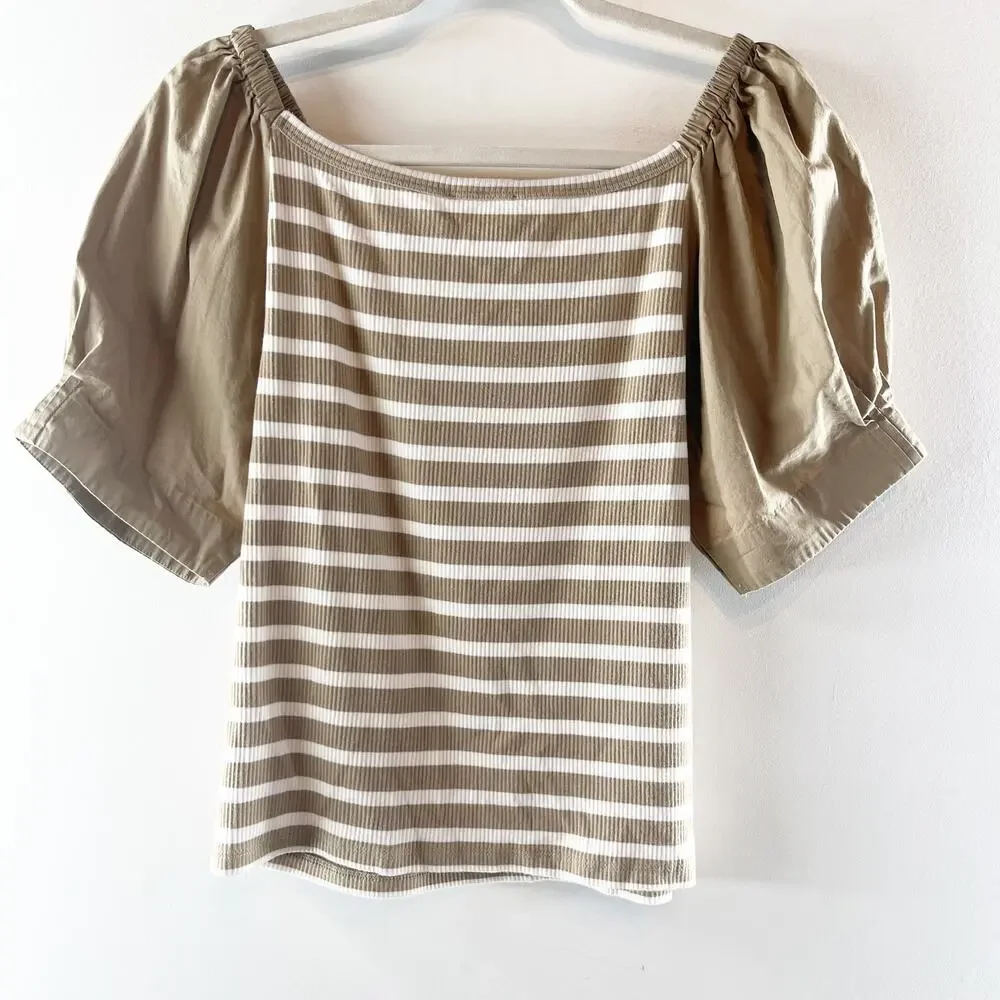 J. Crew Short Puff Sleeve Striped Ribbed Top Tee Shirt Tan Cream Large
